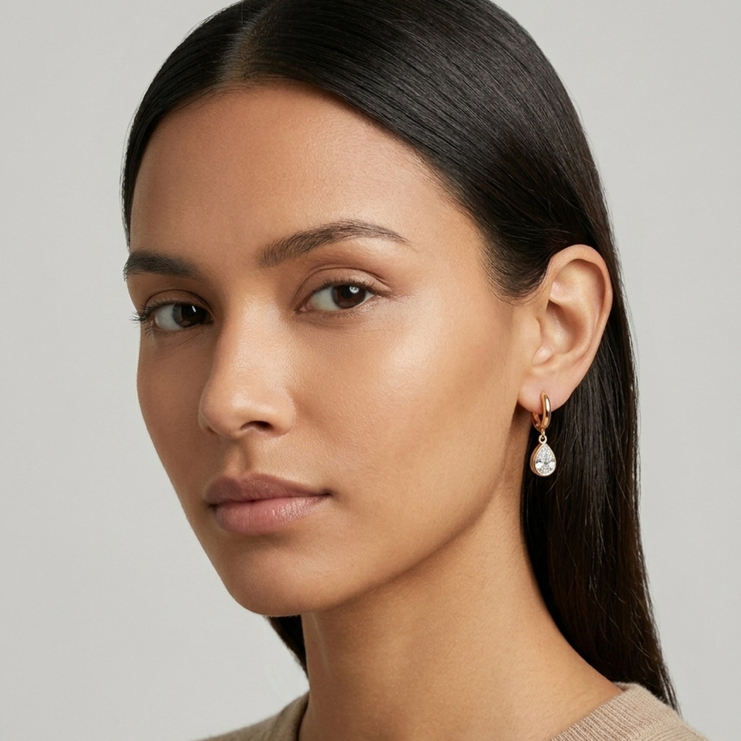 18K Gold Plated Hoop with Pear CZ Bezel Drop Earrings