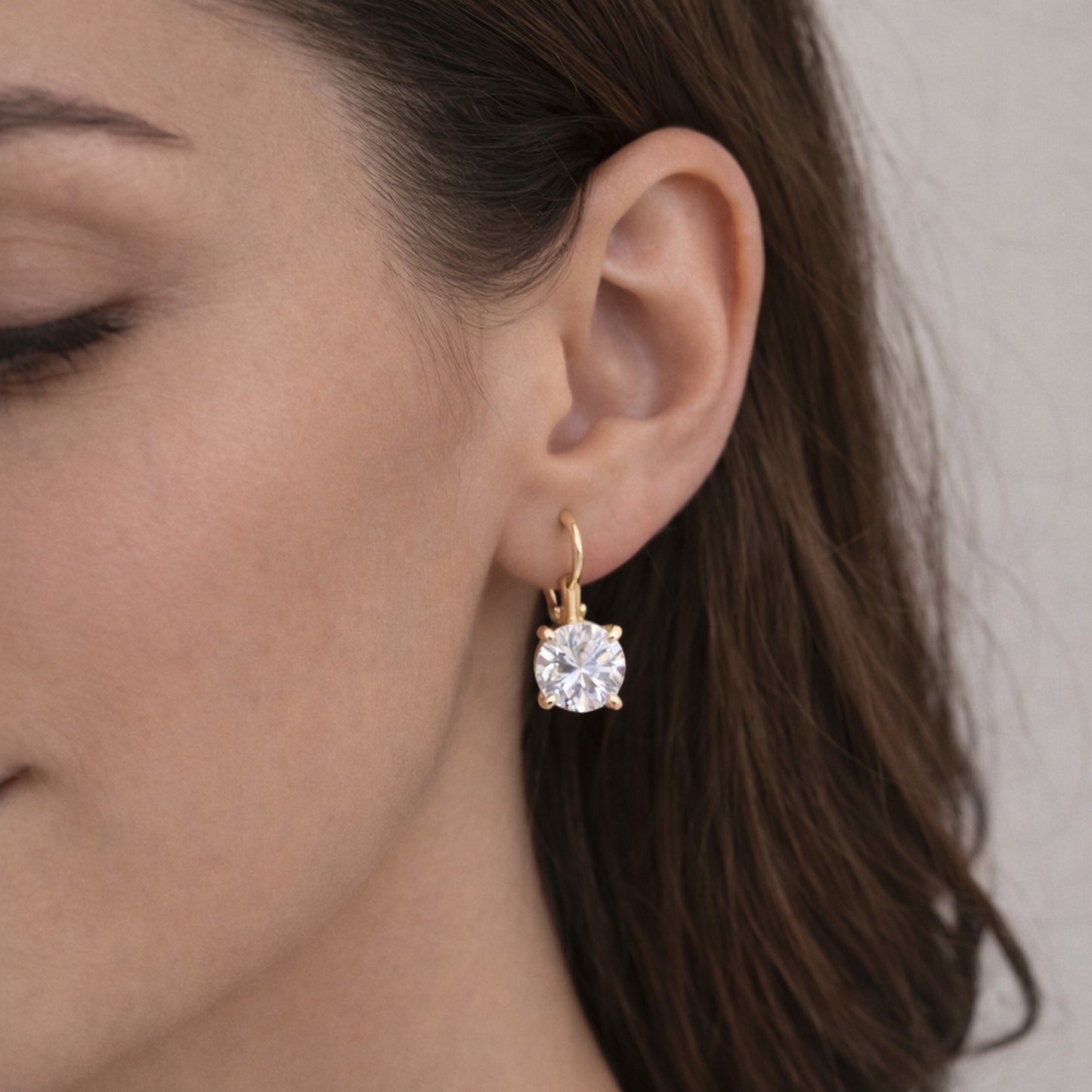 18K Gold Plated Large Round Solitaire CZ Lever-Back Drop Earrings