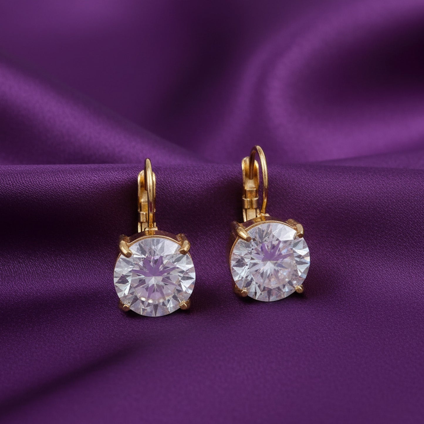18K Gold Plated Large Round Solitaire CZ Lever-Back Drop Earrings