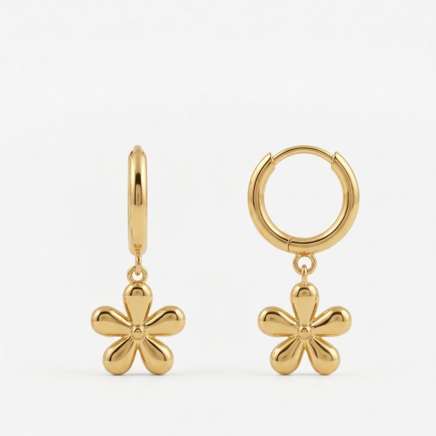 18K Gold Plated Puffy Flower Charm Huggie Hoop Earrings