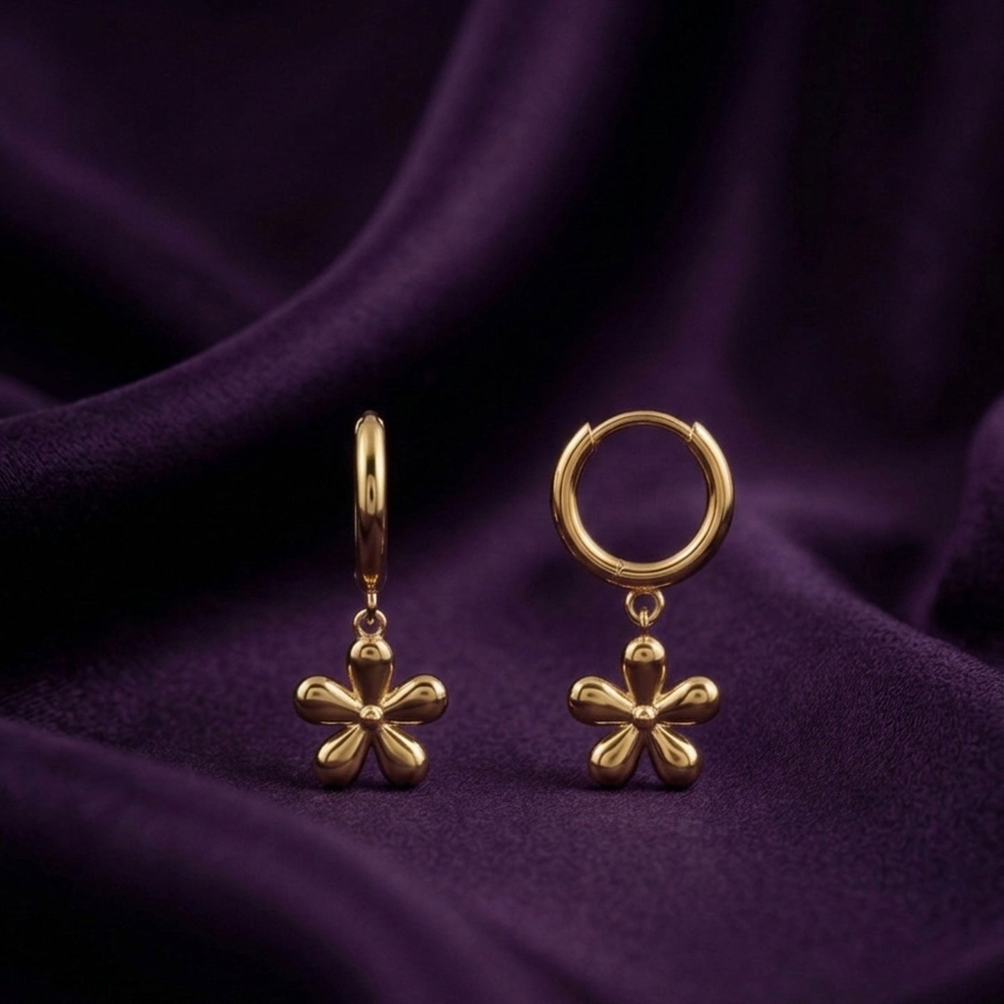 18K Gold Plated Puffy Flower Charm Huggie Hoop Earrings