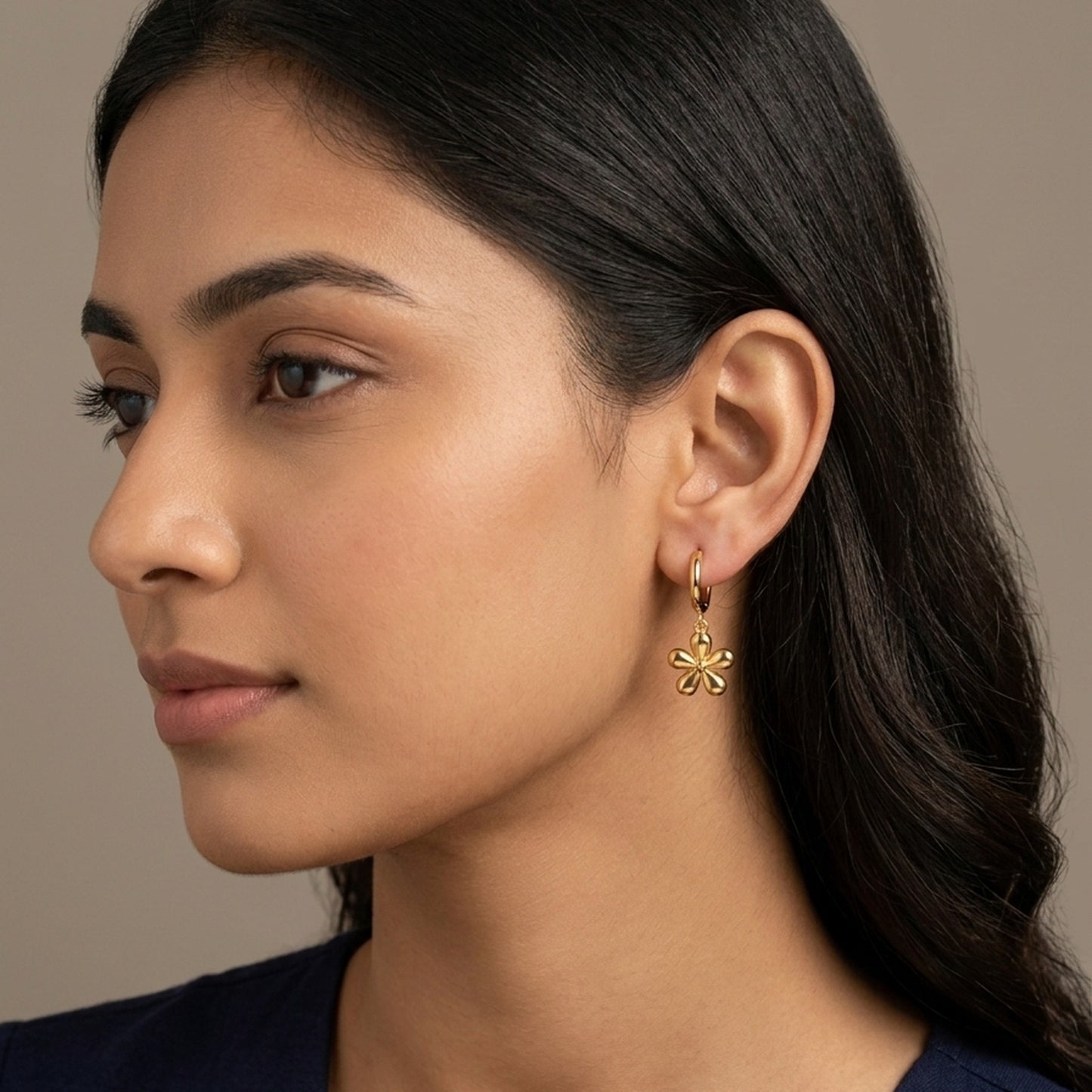 18K Gold Plated Puffy Flower Charm Huggie Hoop Earrings