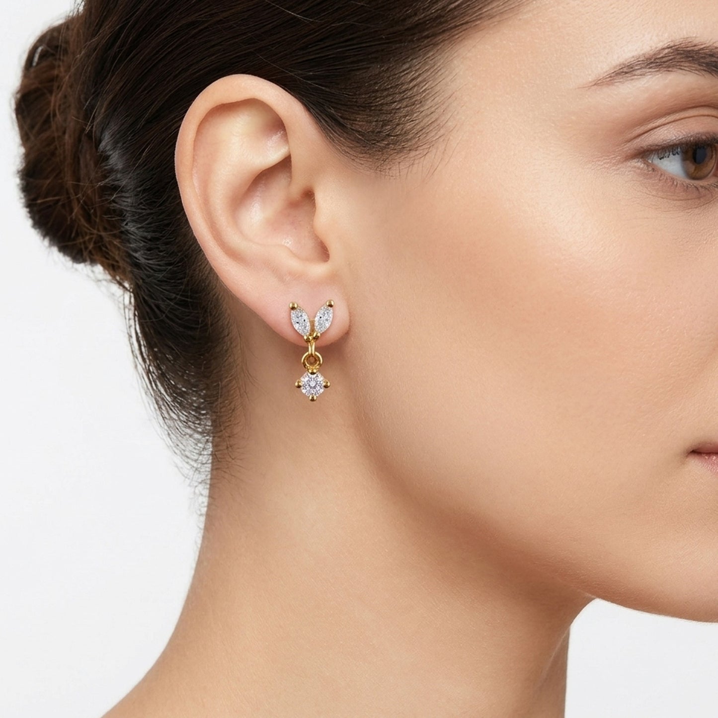 18K Gold Plated Marquise & Round CZ Butterfly Wing Drop Stud Earrings