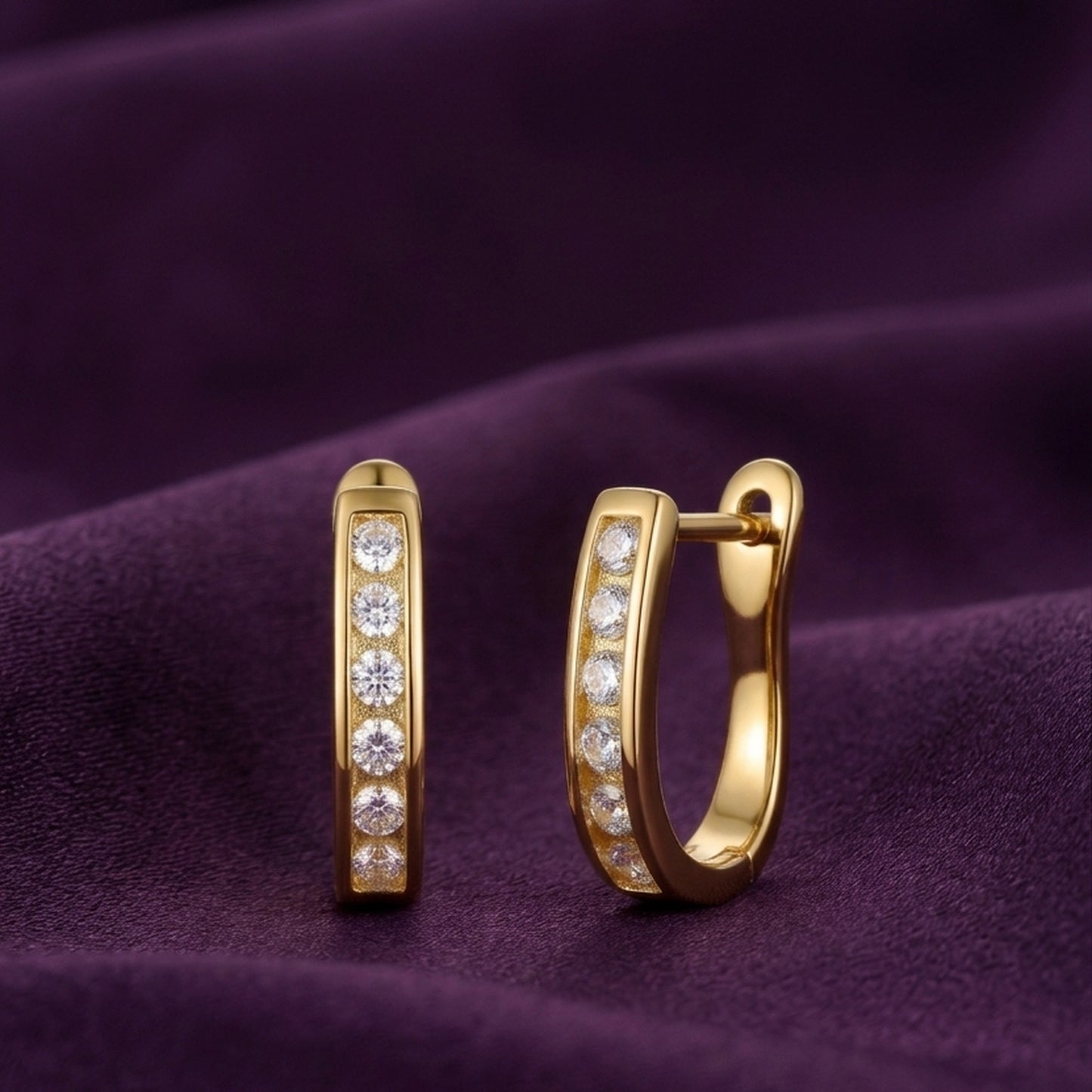 18K Gold Plated Rectangular Huggie Channel-Set CZ Row Earrings