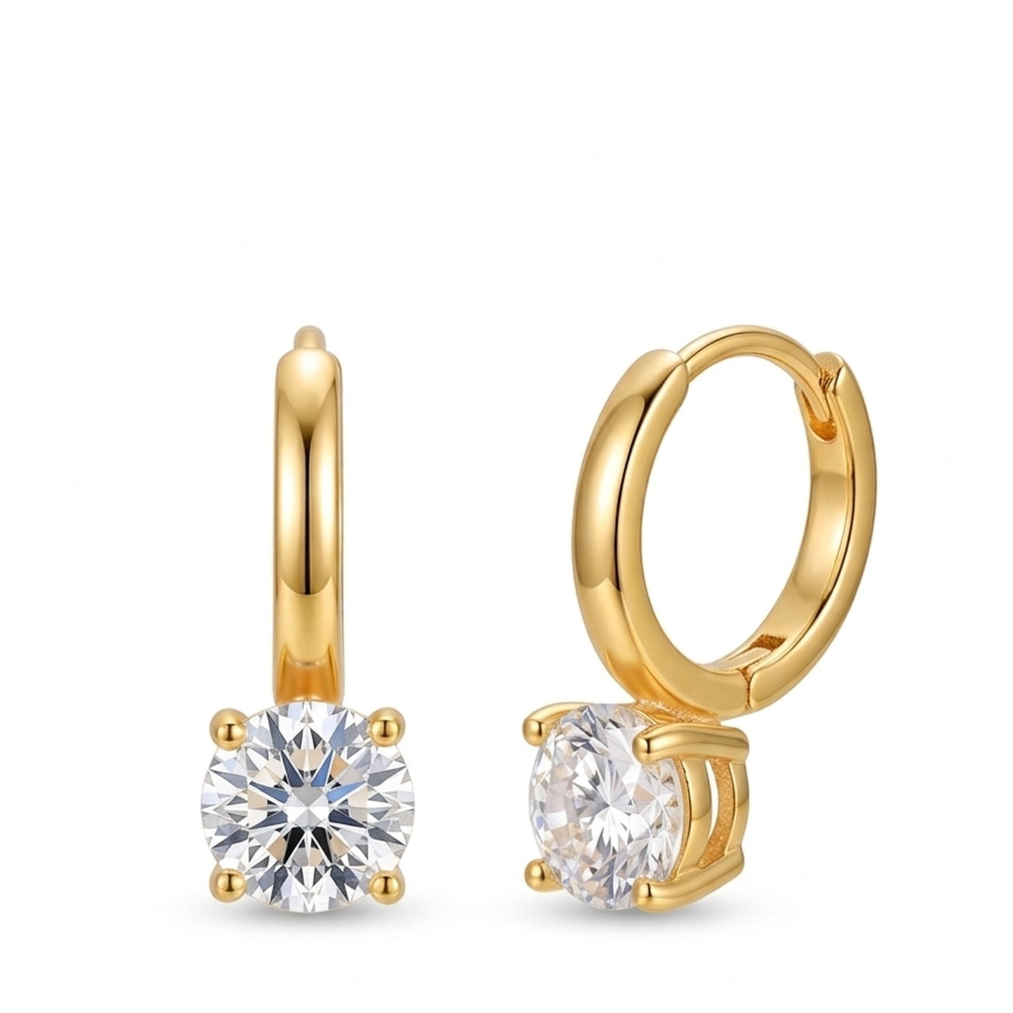 18K Gold Plated Huggie Hoop Round Solitaire CZ Drop Earrings