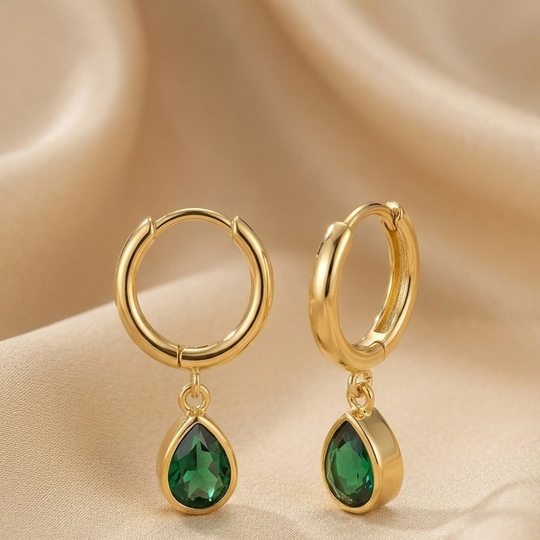 18K Gold Plated Hoop with Green Pear CZ Bezel Drop Earrings