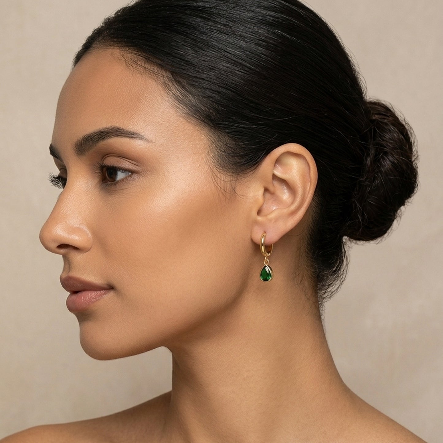 18K Gold Plated Hoop with Green Pear CZ Bezel Drop Earrings
