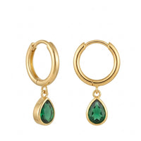 18K Gold Plated Hoop with Green Pear CZ Bezel Drop Earrings