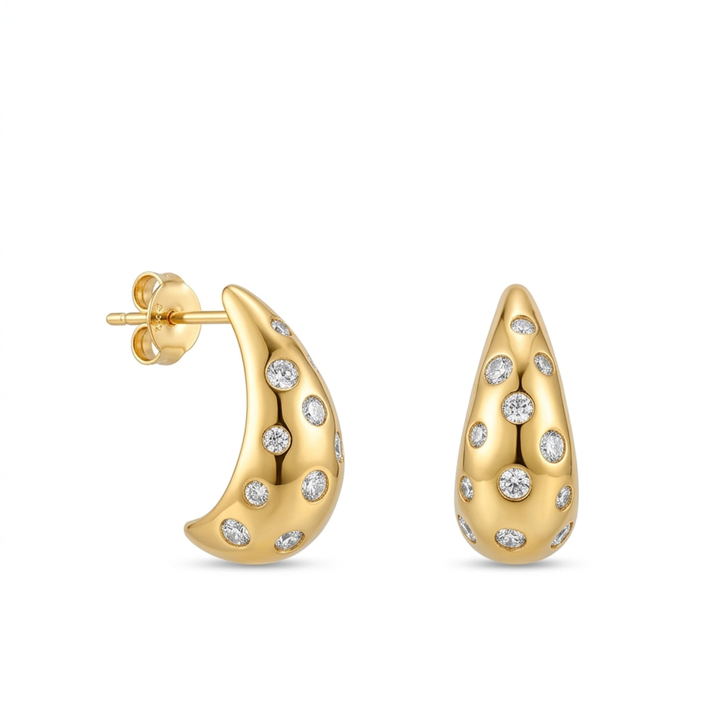 18K Gold Plated Puffy Teardrop Scattered CZ Stud Earrings