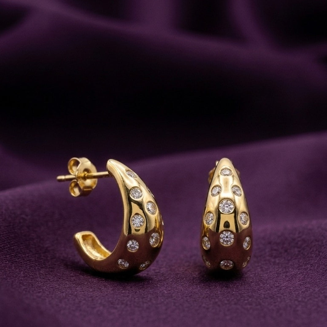 18K Gold Plated Puffy Teardrop Scattered CZ Stud Earrings
