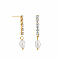 18K Gold Plated CZ Tennis Chain Pearl Drop Earrings