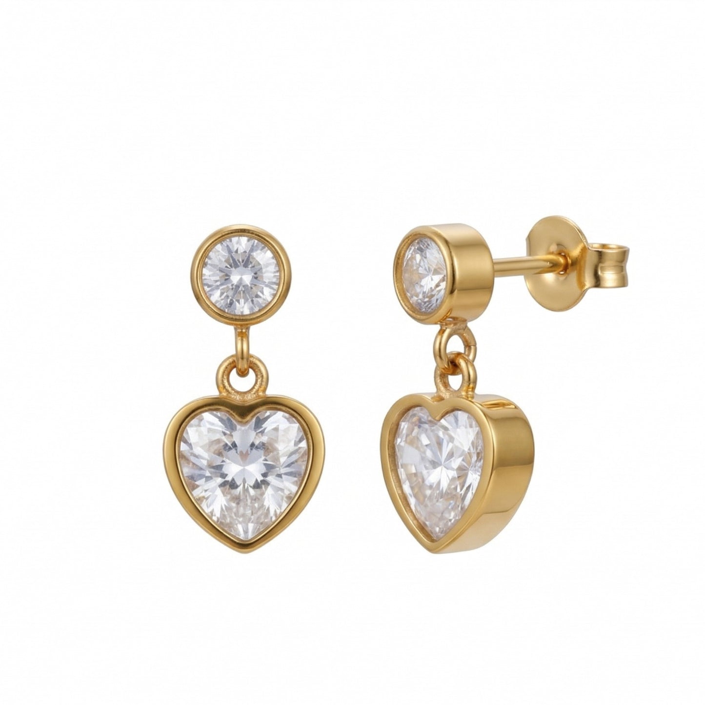 18K Gold Plated Round Bezel CZ Stud Heart CZ Drop Earrings