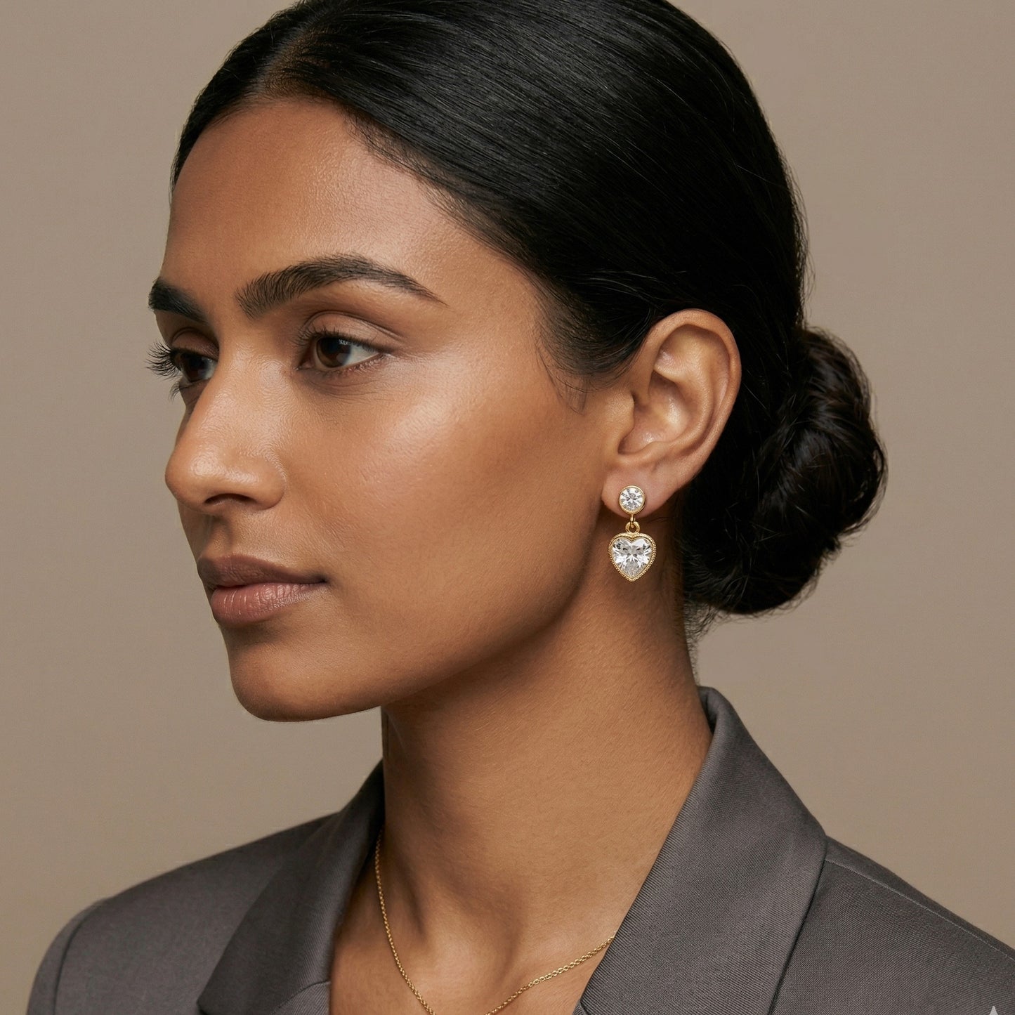 18K Gold Plated Round Bezel CZ Stud Heart CZ Drop Earrings