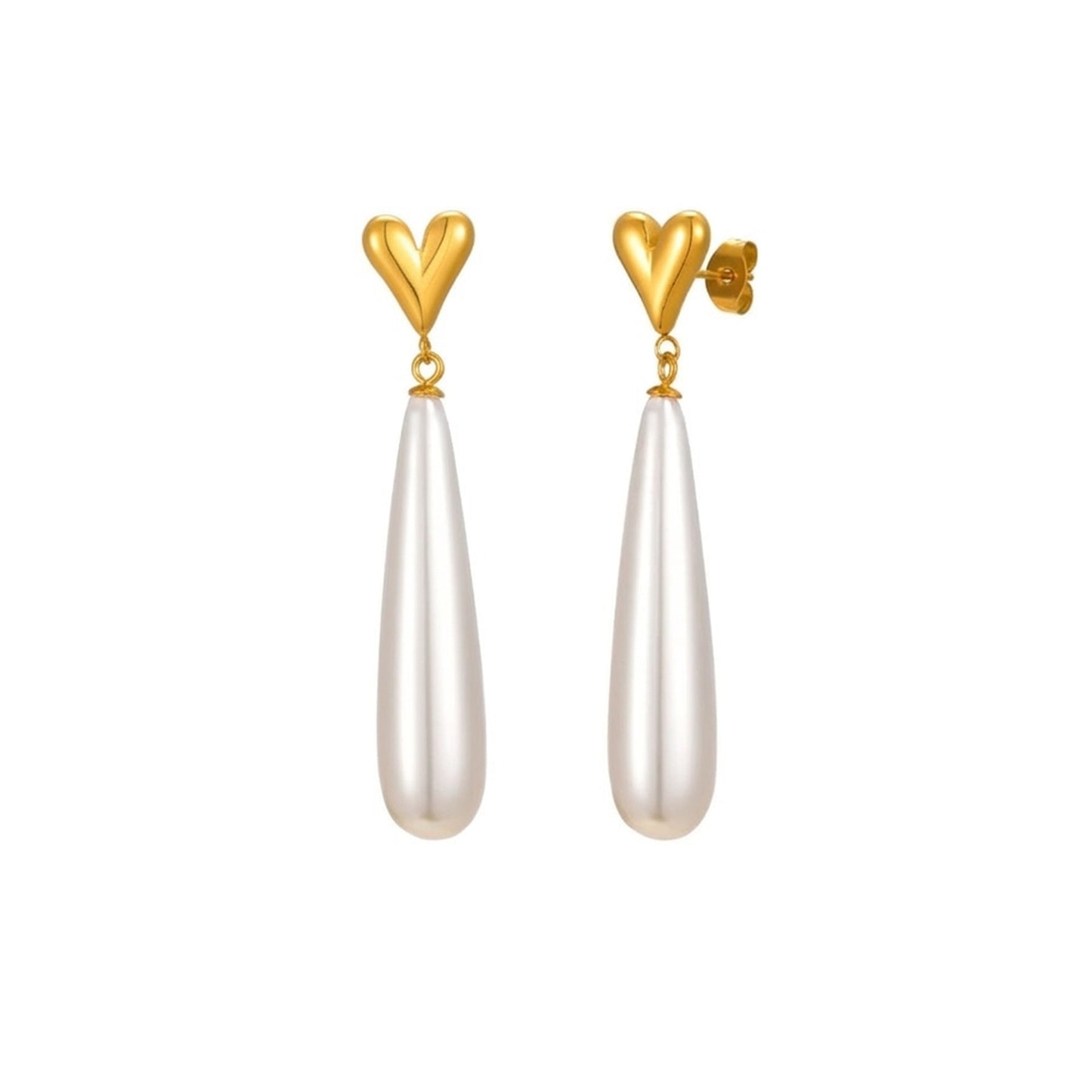 18K Gold Plated Puffy Heart Stud Long Pearl Teardrop Drop Earrings
