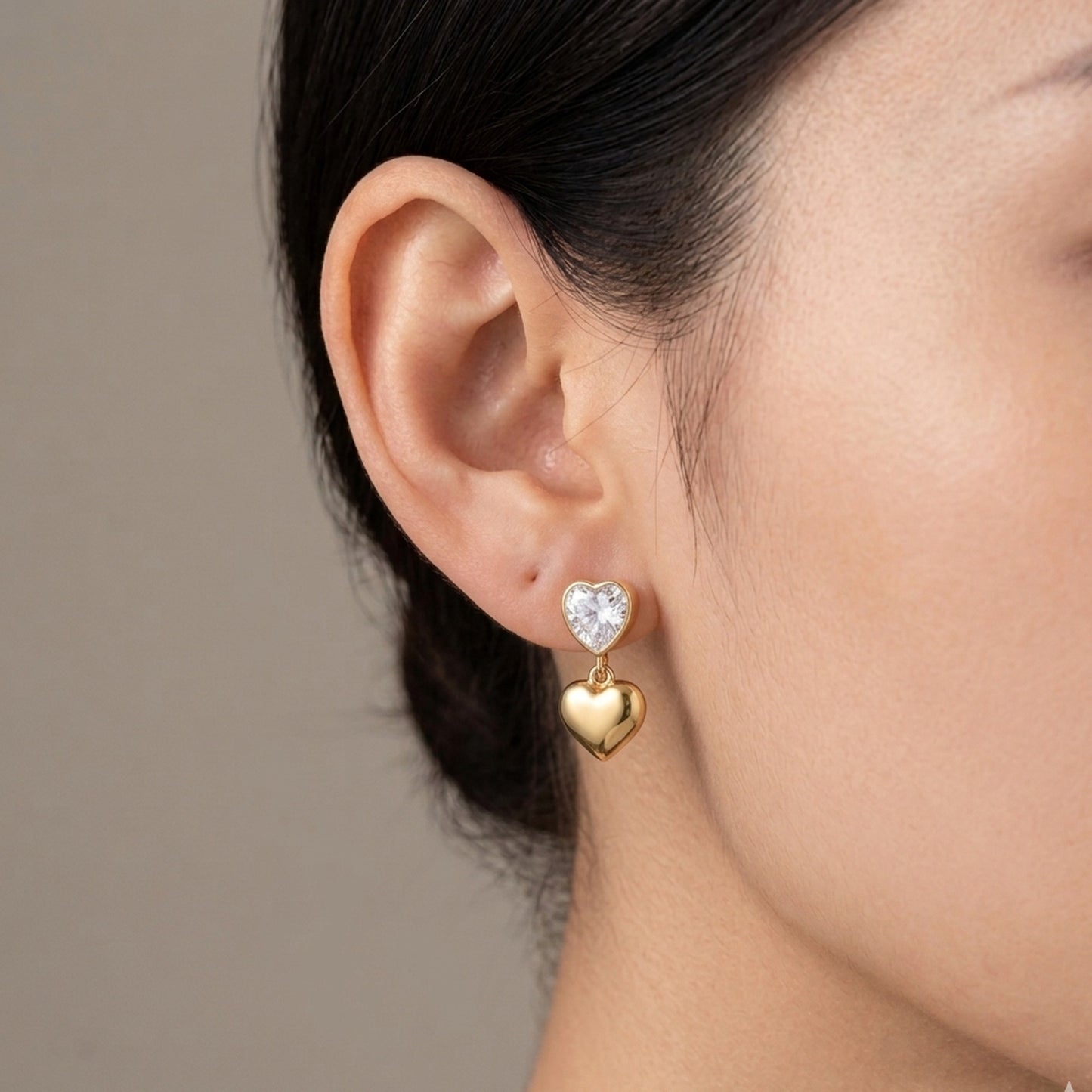 18K Gold Plated Heart CZ Bezel Stud Puffy Heart Charm Drop Earrings
