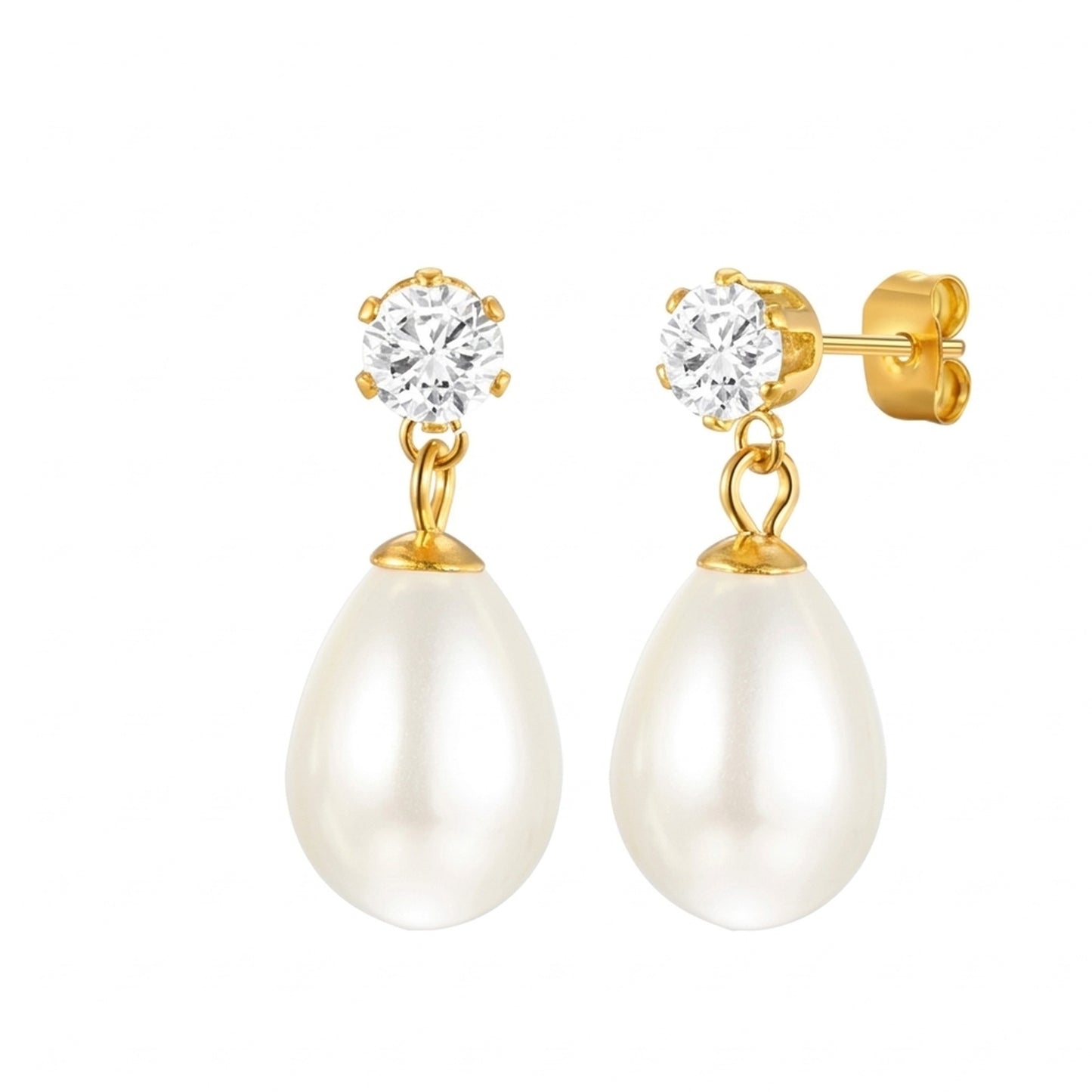 18K Gold Plated Solitaire CZ Stud Large Oval Pearl Drop Earrings