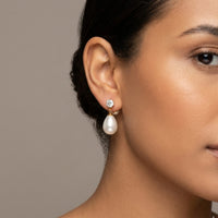 18K Gold Plated Solitaire CZ Stud Large Oval Pearl Drop Earrings