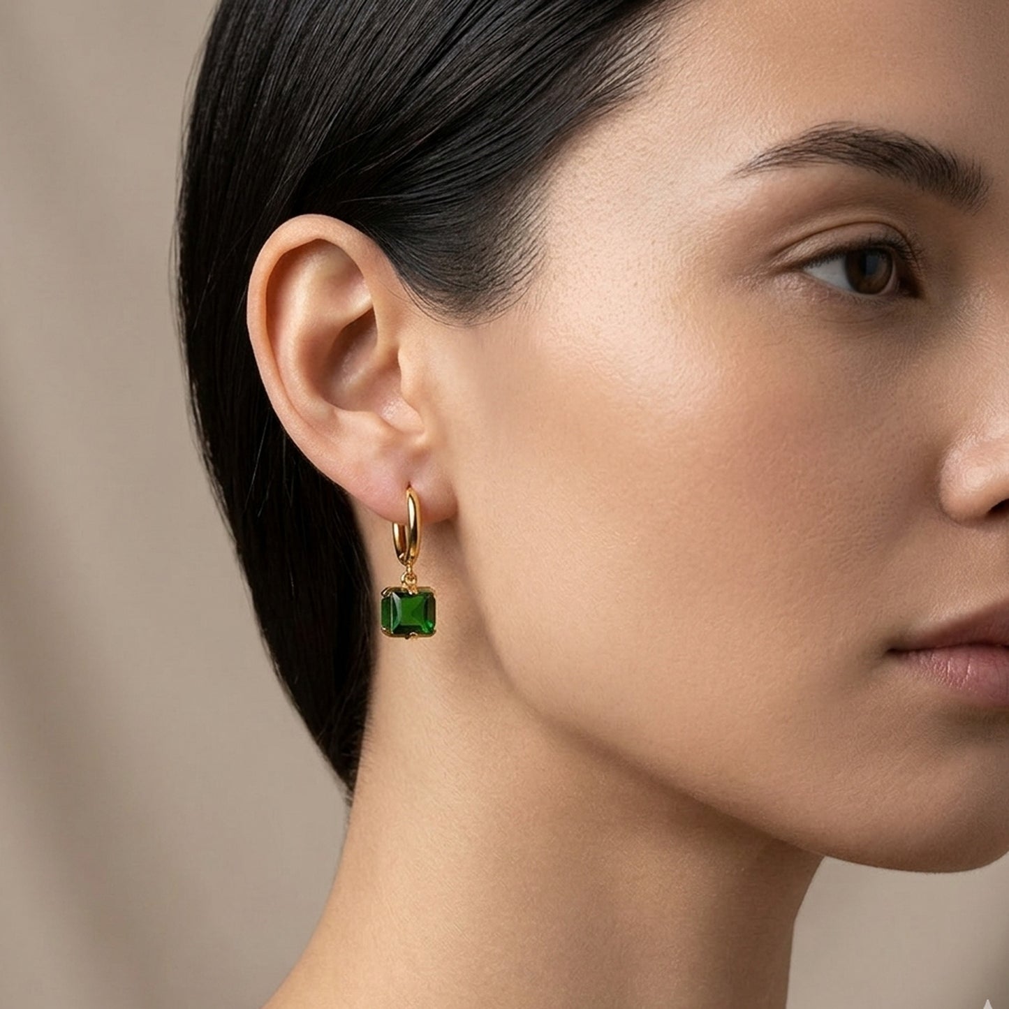 18K Gold Plated Hoop with Green Square CZ Charm Drop Earrings