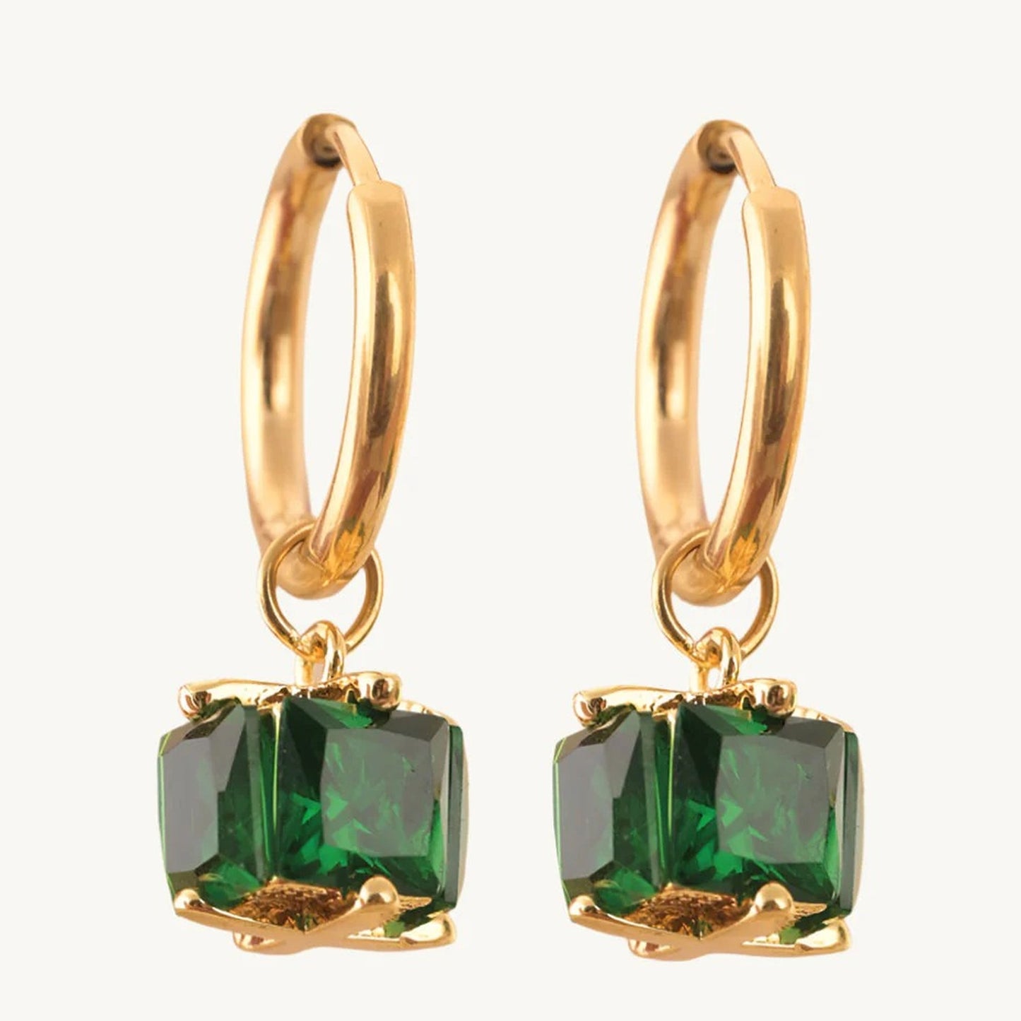 18K Gold Plated Hoop with Green Square CZ Charm Drop Earrings