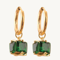 18K Gold Plated Hoop with Green Square CZ Charm Drop Earrings