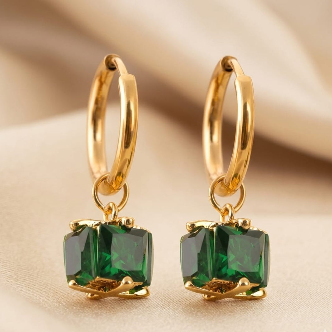 18K Gold Plated Hoop with Green Square CZ Charm Drop Earrings