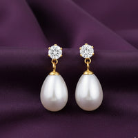 18K Gold Plated Solitaire CZ Stud Large Oval Pearl Drop Earrings