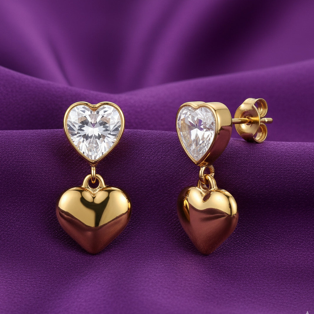 18K Gold Plated Heart CZ Bezel Stud Puffy Heart Charm Drop Earrings