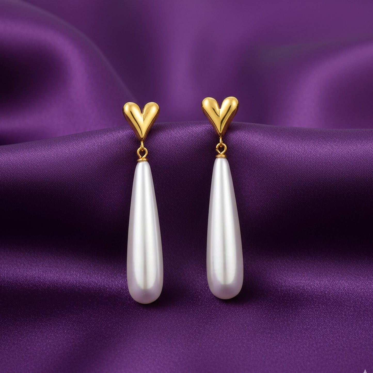 18K Gold Plated Puffy Heart Stud Long Pearl Teardrop Drop Earrings