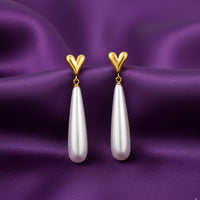 18K Gold Plated Puffy Heart Stud Long Pearl Teardrop Drop Earrings