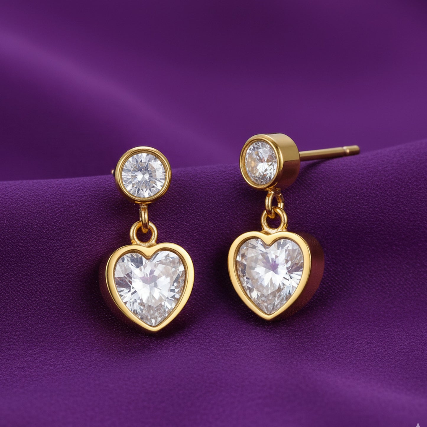 18K Gold Plated Round Bezel CZ Stud Heart CZ Drop Earrings