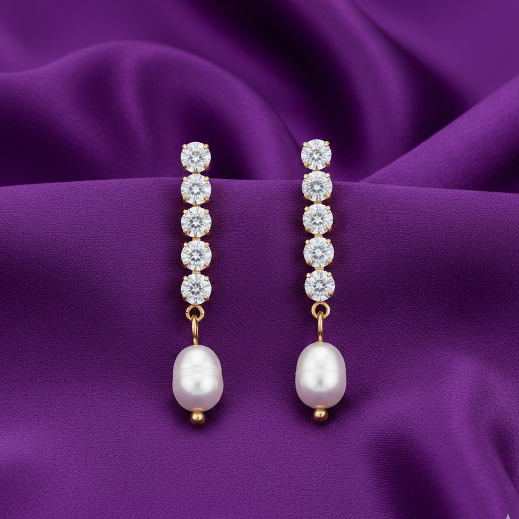 18K Gold Plated CZ Tennis Chain Pearl Drop Earrings