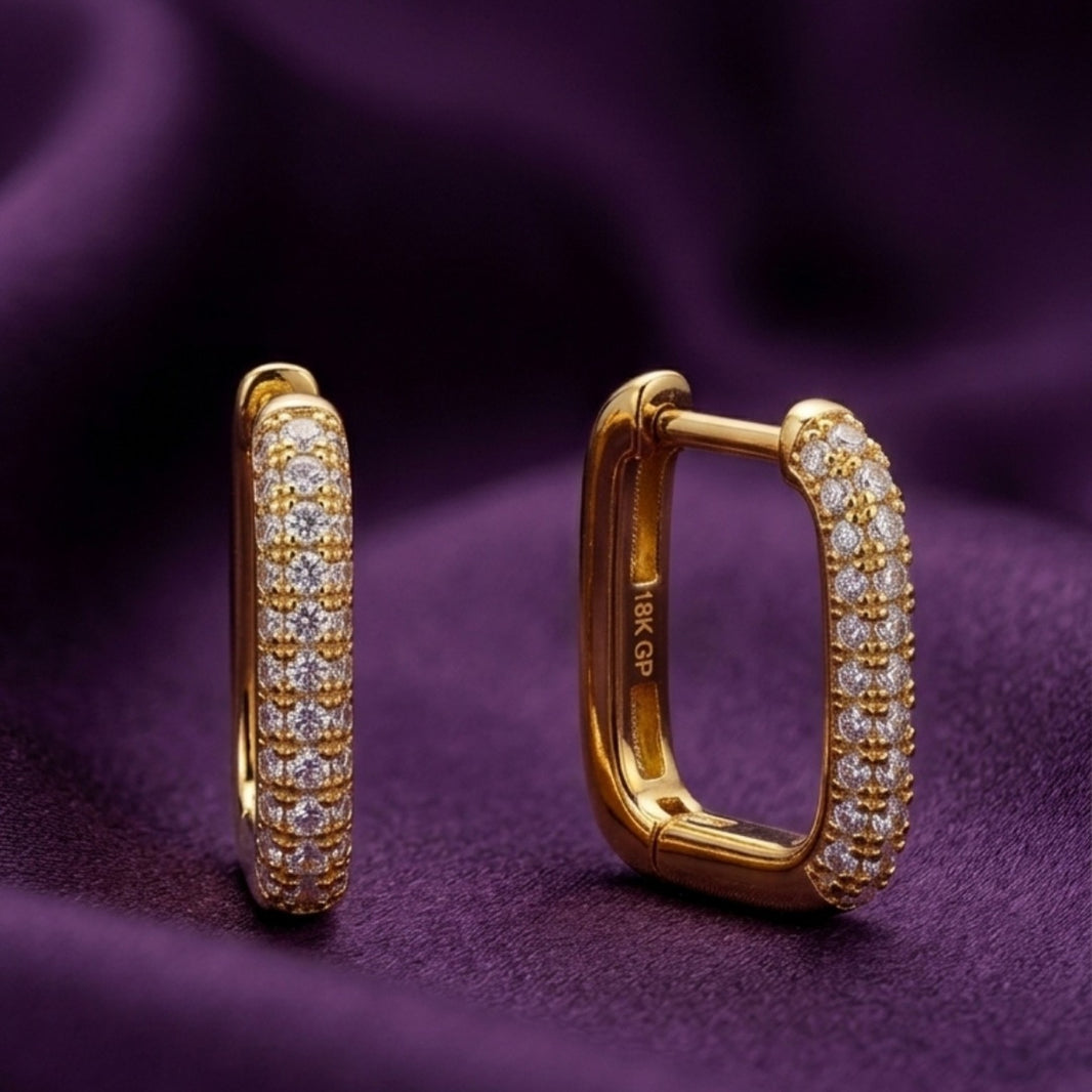 18K Gold Plated Rectangular Huggie Hoops Full Pavé CZ Earrings