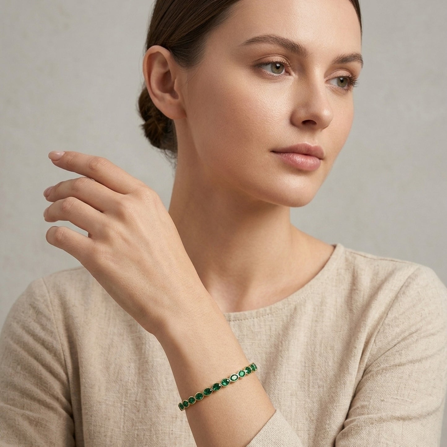 18K Gold Plated Green Oval CZ Bezel Full Tennis Bangle