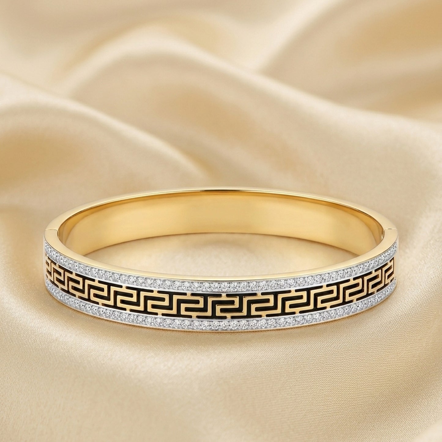 18K Gold Plated Black Greek Key Pavé CZ Wide Statement Bangle