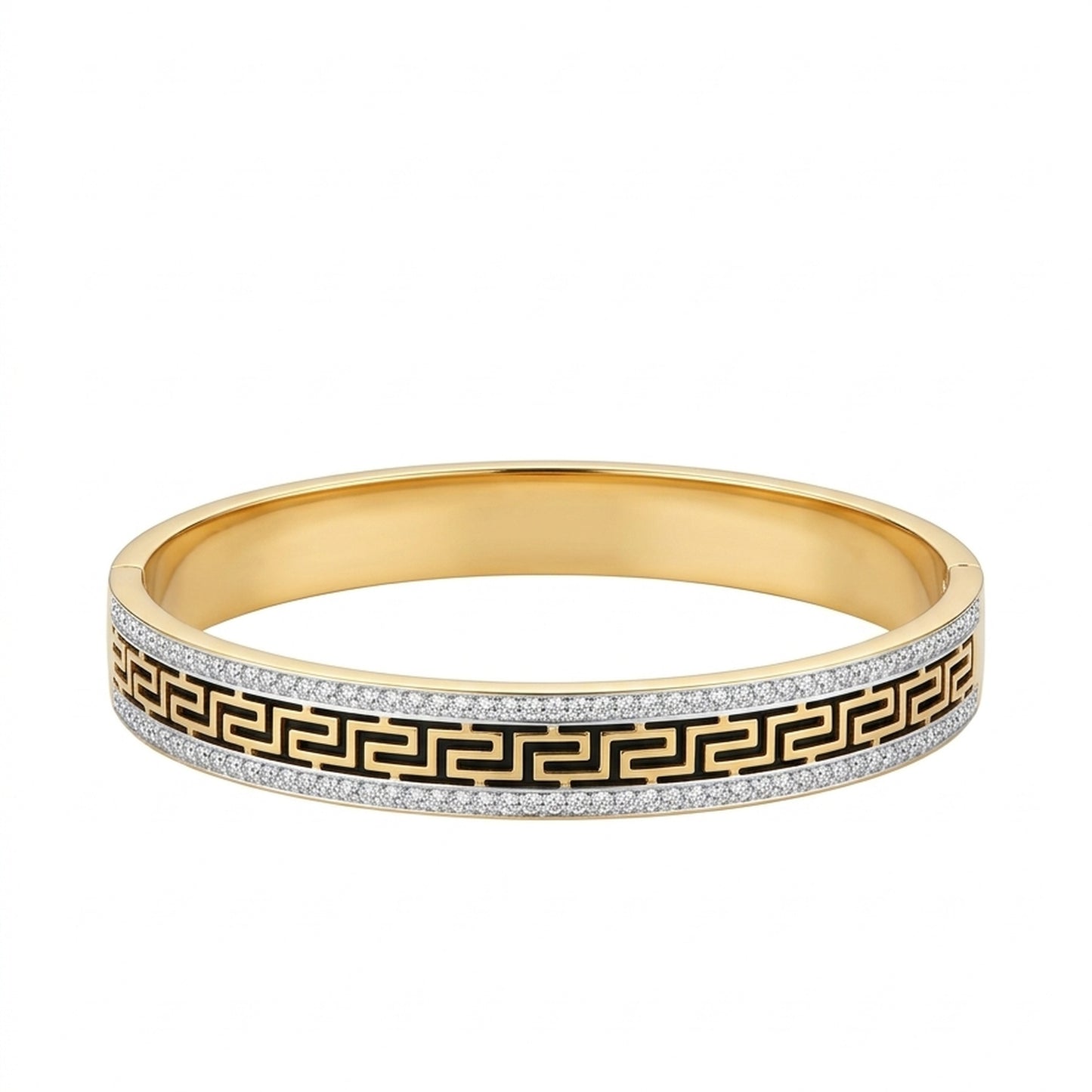 18K Gold Plated Black Greek Key Pavé CZ Wide Statement Bangle