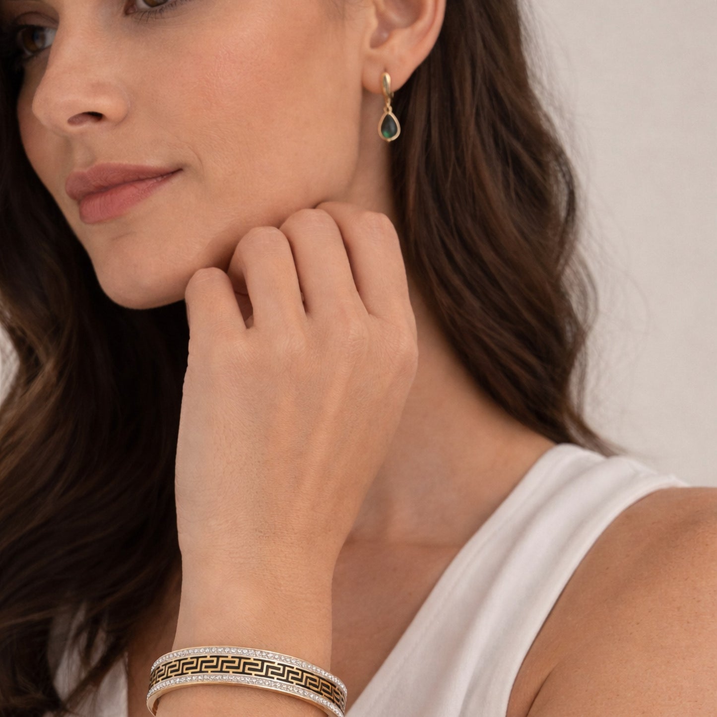 18K Gold Plated Black Greek Key Pavé CZ Wide Statement Bangle