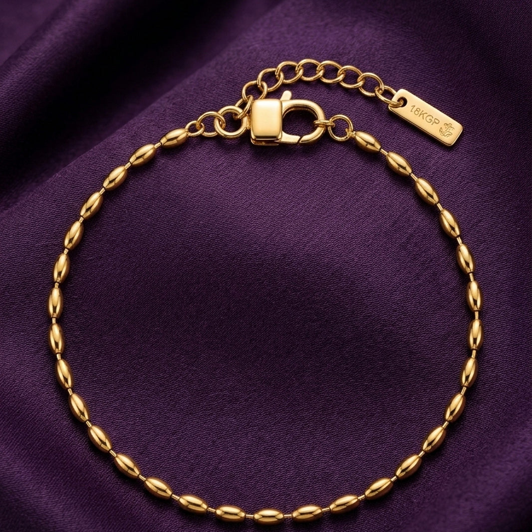 18K Gold Plated Oval Rice Bead Chain Bracelet