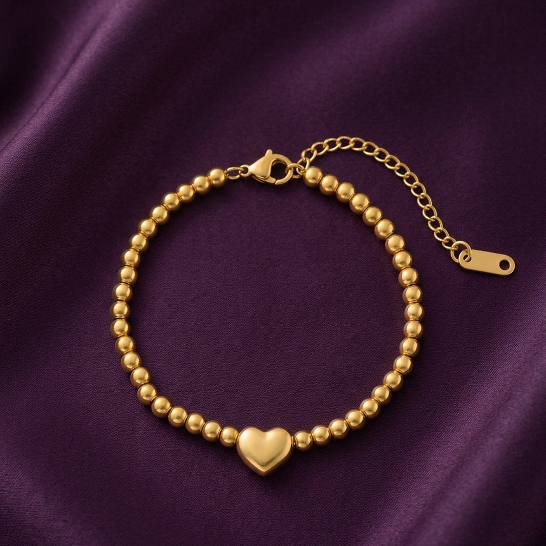 18K Gold Plated Ball Bead Bracelet with Puffy Heart Charm