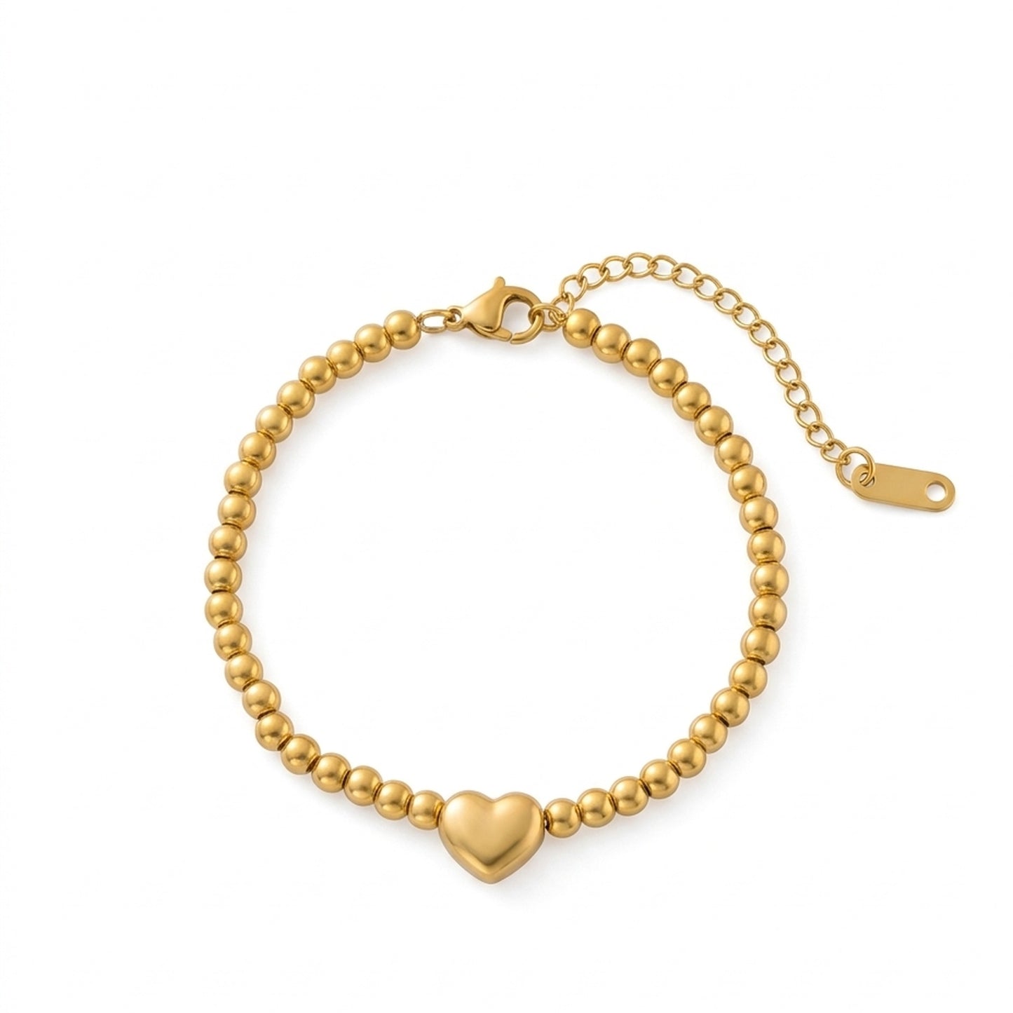 18K Gold Plated Ball Bead Bracelet with Puffy Heart Charm