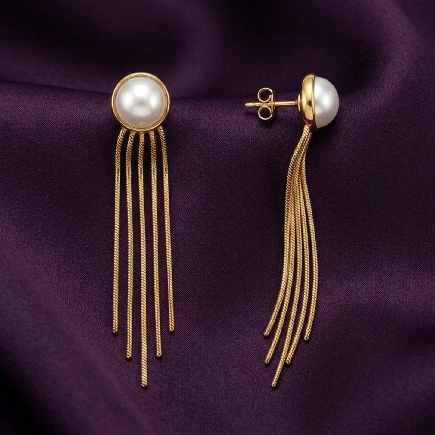 18K Gold Plated Pearl Bezel Stud Snake Chain Fringe Drop Earrings