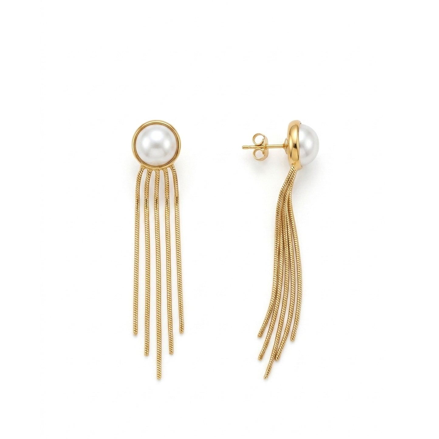 18K Gold Plated Pearl Bezel Stud Snake Chain Fringe Drop Earrings