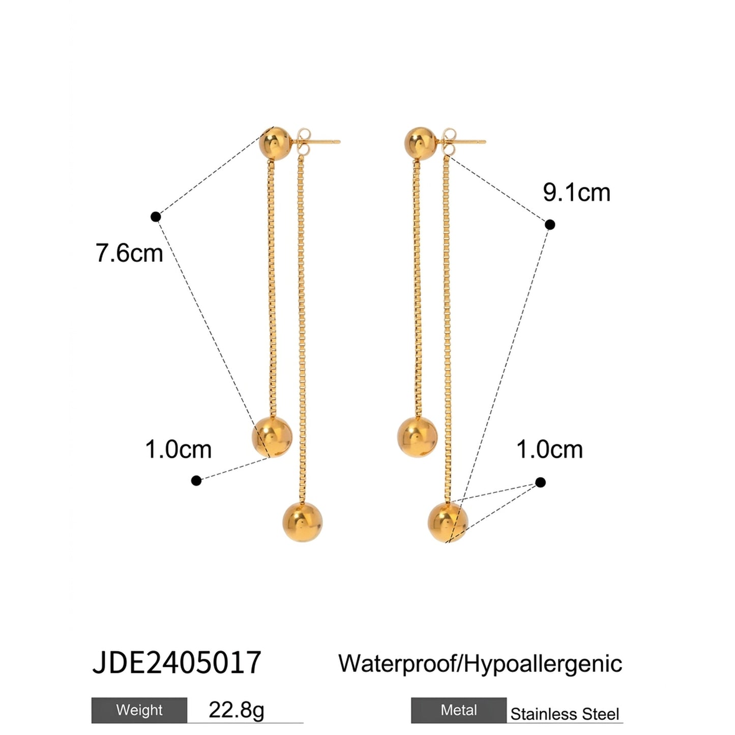 18K Gold Plated Double Ball Box Chain Long Drop Earrings