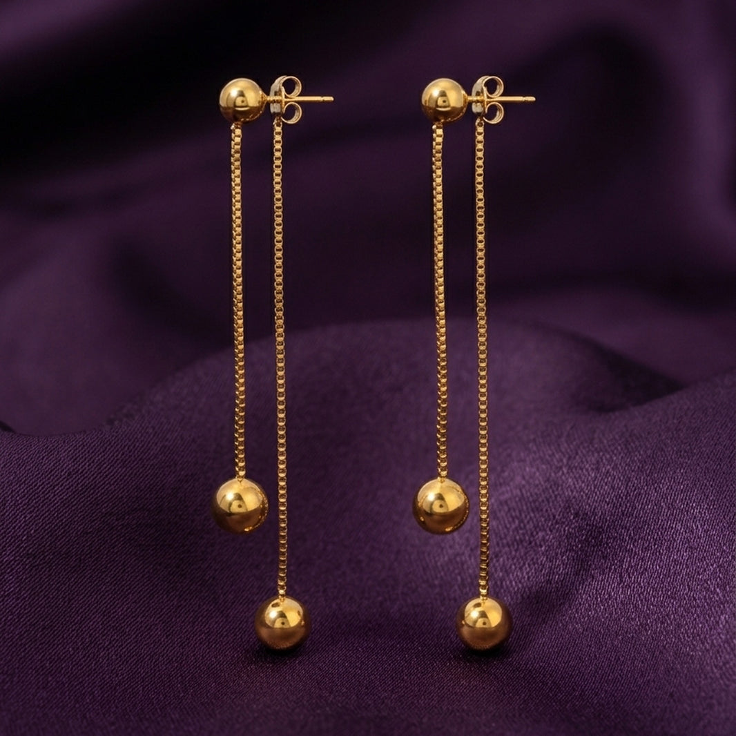 18K Gold Plated Double Ball Box Chain Long Drop Earrings