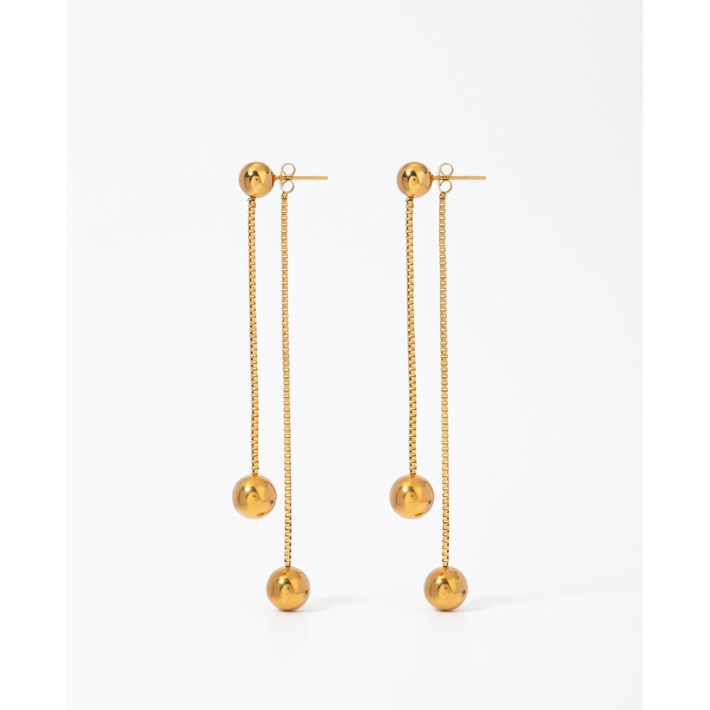 18K Gold Plated Double Ball Box Chain Long Drop Earrings