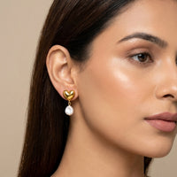 18K Gold Plated Puffy Heart Stud with Baroque Pearl Drop Earrings