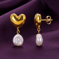 18K Gold Plated Puffy Heart Stud with Baroque Pearl Drop Earrings