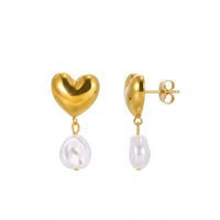 18K Gold Plated Puffy Heart Stud with Baroque Pearl Drop Earrings