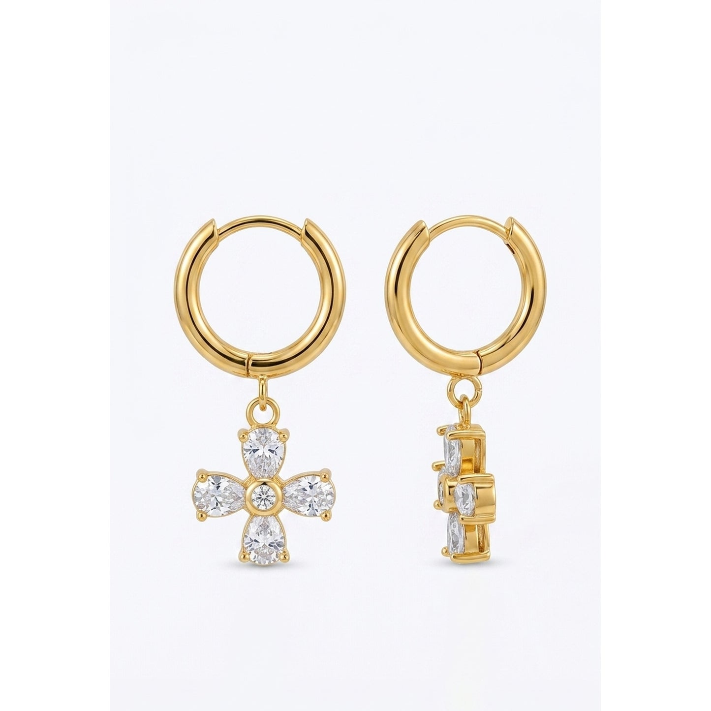 18K Gold Plated CZ Pear Cross Charm Huggie Hoop Earrings