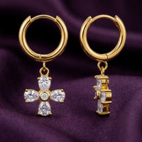 18K Gold Plated CZ Pear Cross Charm Huggie Hoop Earrings