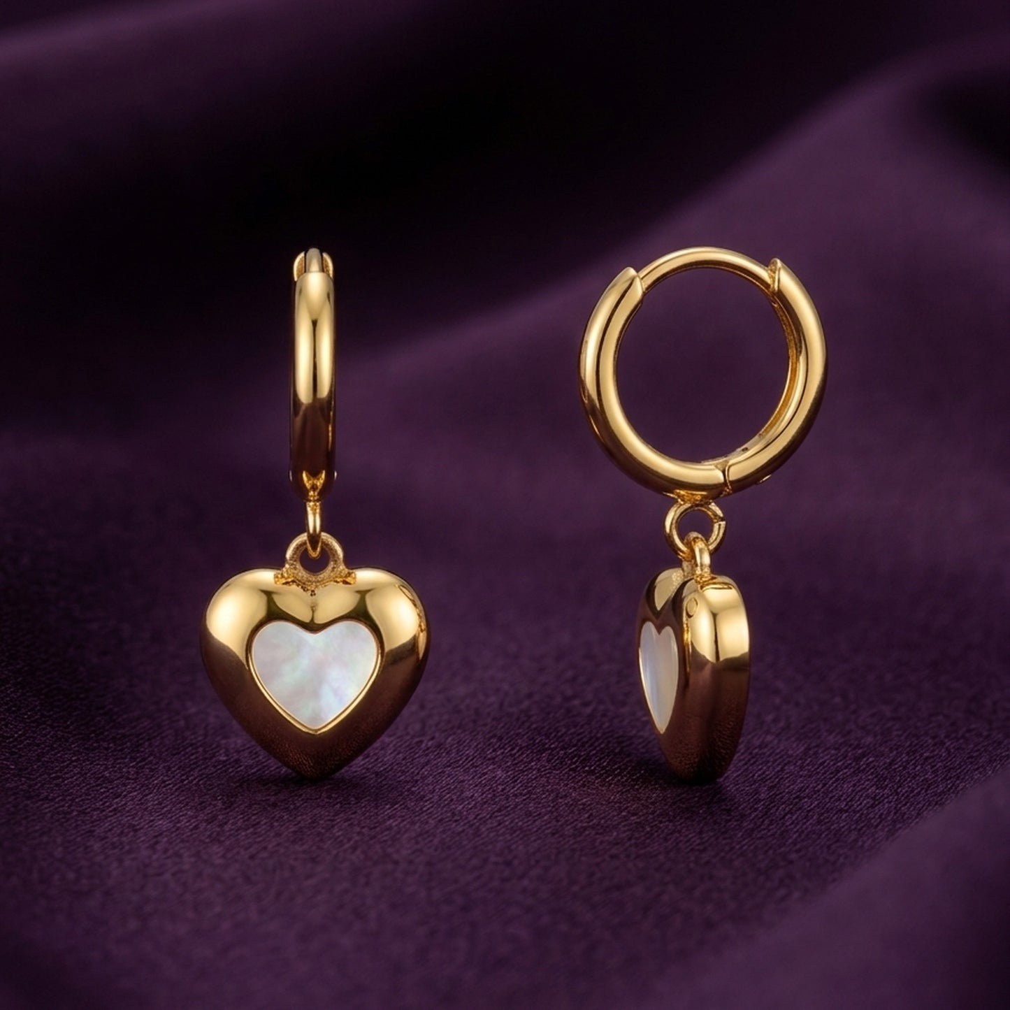 18K Gold Plated Mother of Pearl Heart Charm Huggie Hoop Earrings